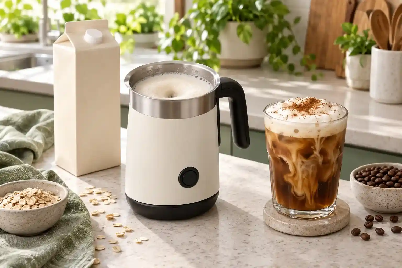 Automatic frother with oat milk and iced coffee
