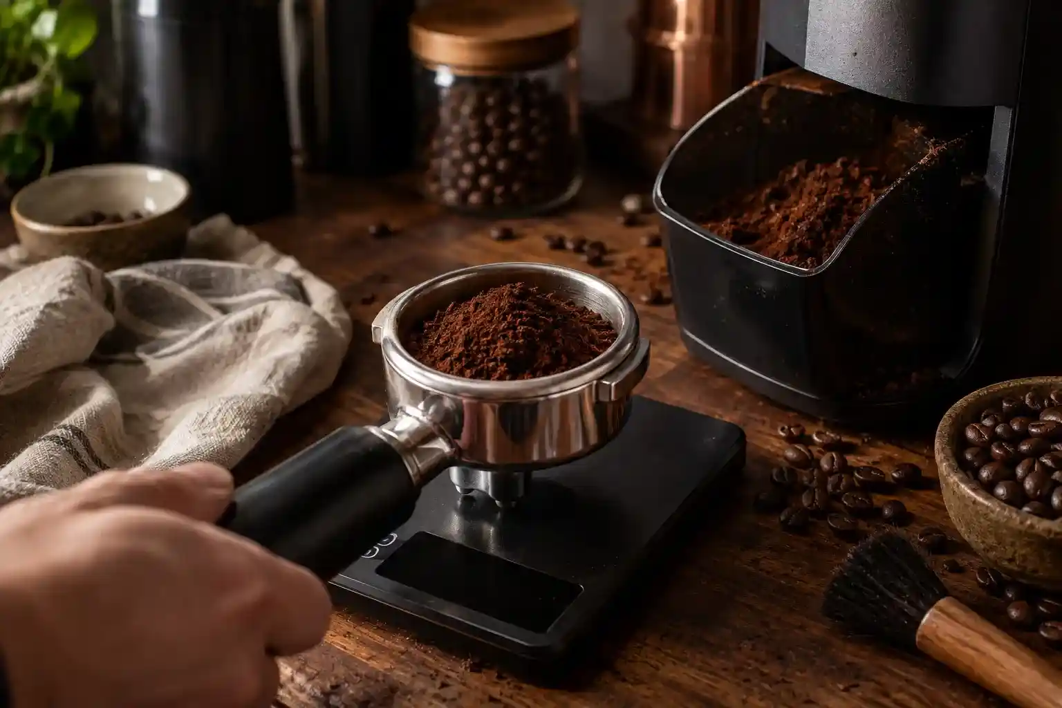 Coffee grounds being weighed for espresso