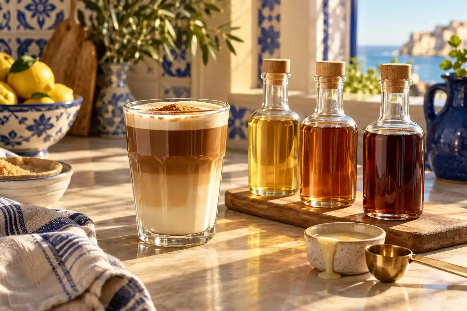 Spanish latte and three amber coffee syrups on a tiled kitchen counter
