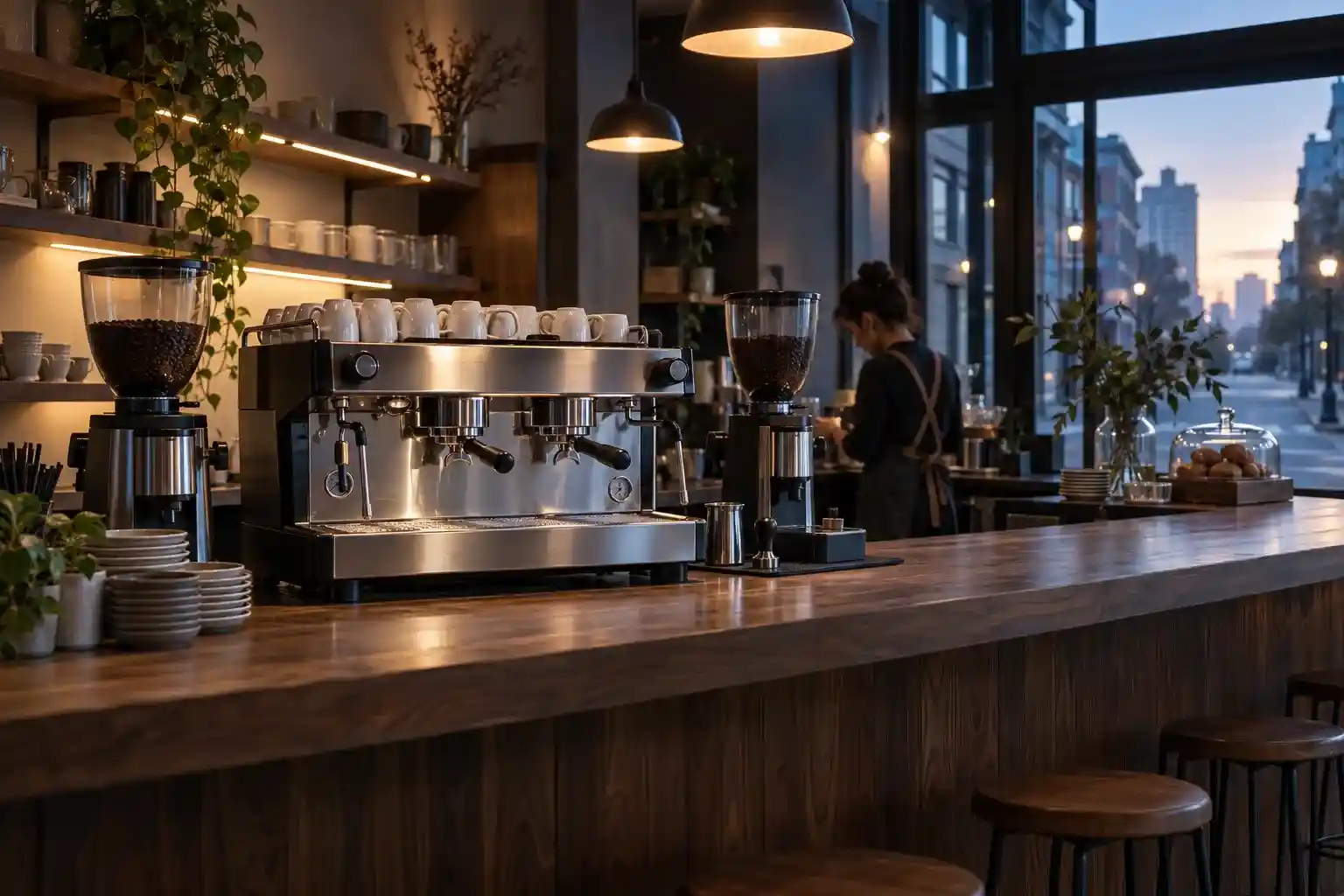 Compact two-group commercial espresso machine in a small café at dawn
