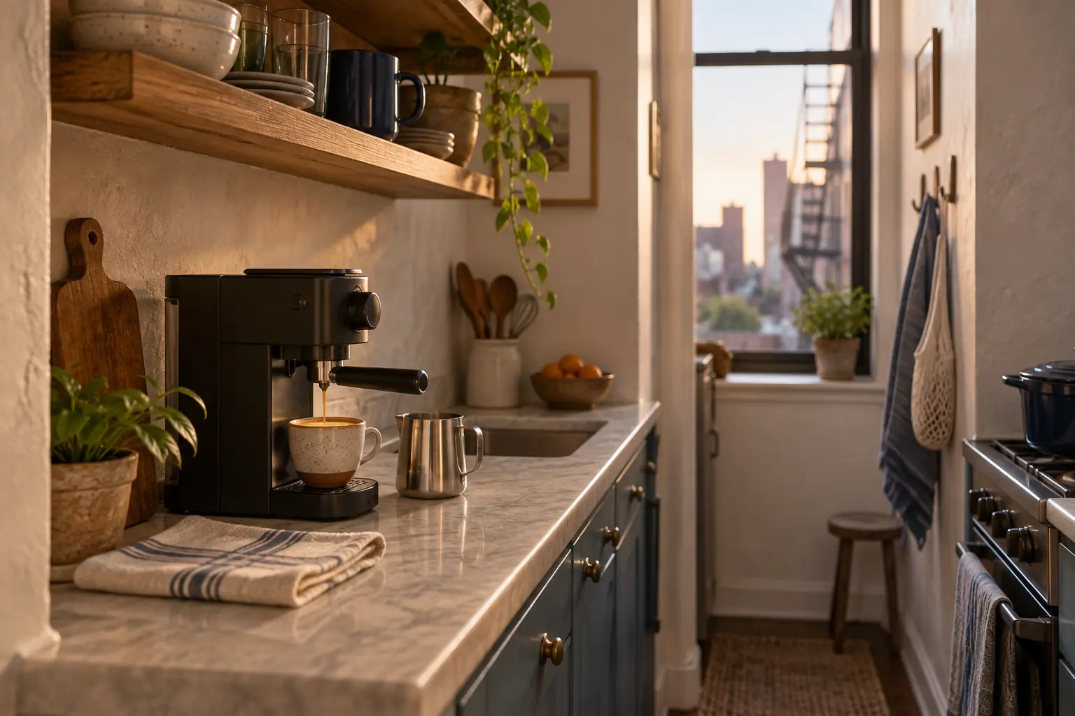 Compact espresso machine in a small kitchen