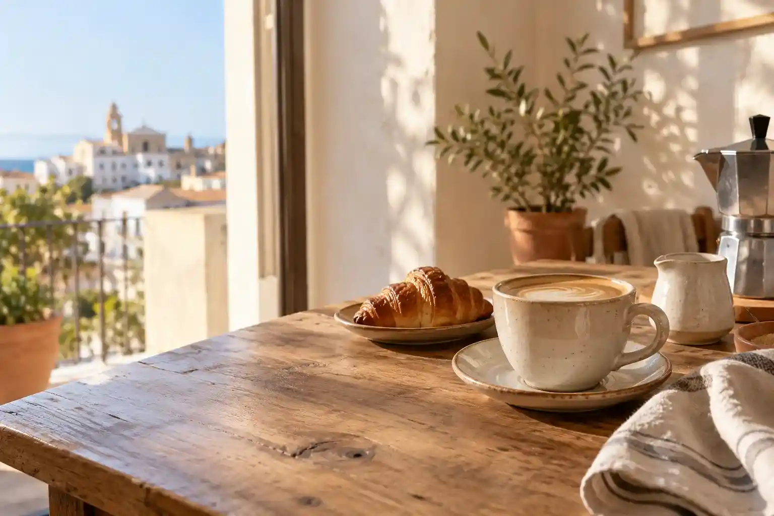 Café con leche on a sunlit table