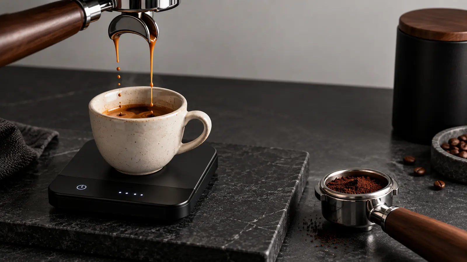 Compact espresso scale measuring a coffee shot