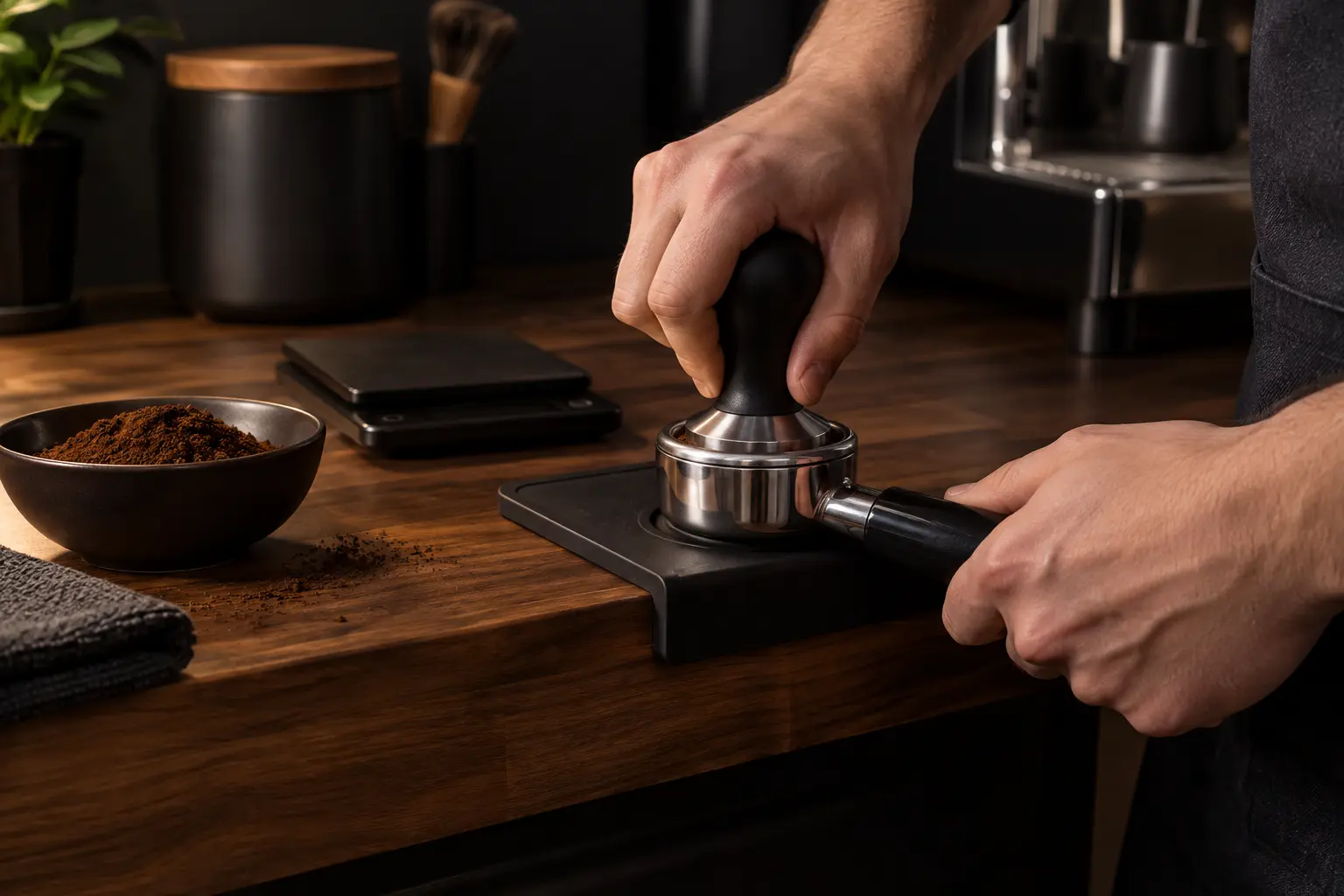 Beginner espresso tamper used on a portafilter