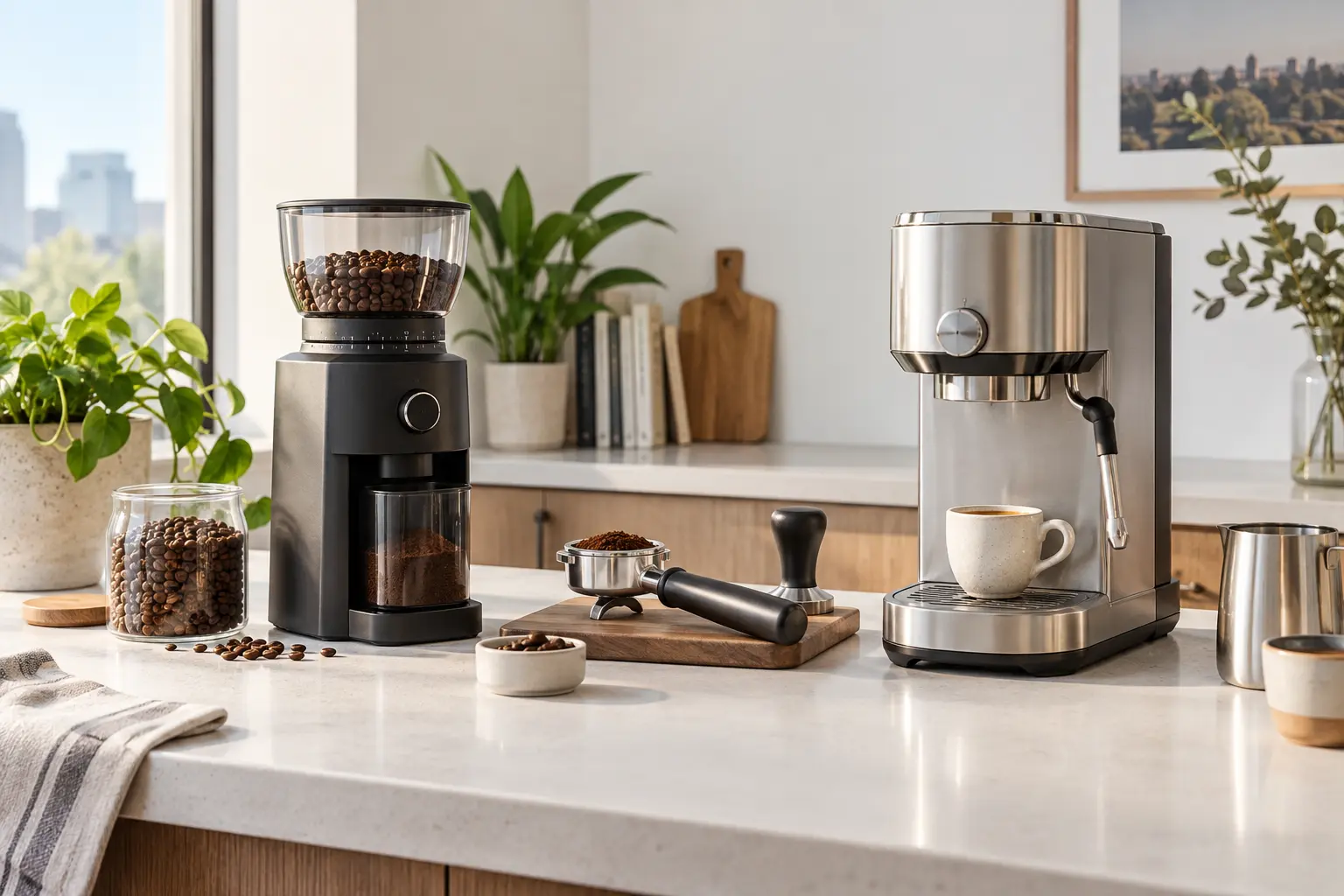 Compact grinder paired with an espresso machine