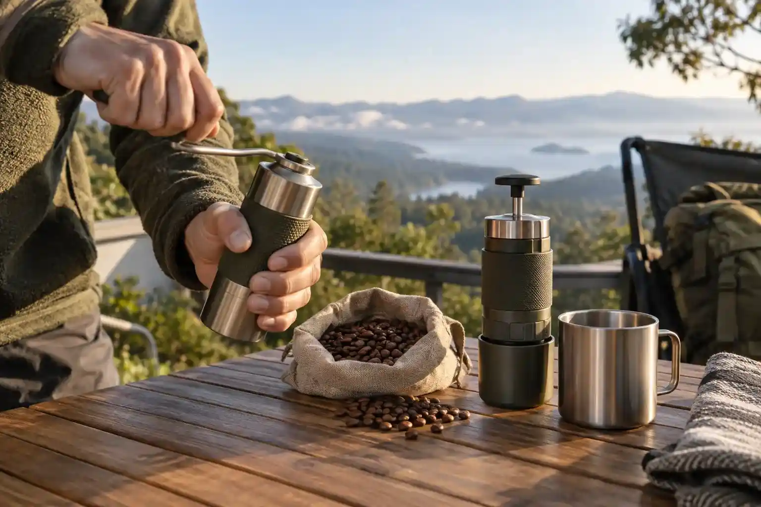 Hand grinder and portable espresso setup outdoors