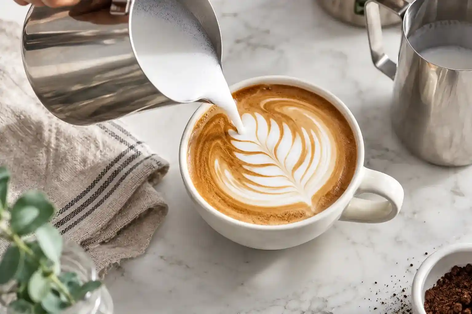 Glossy microfoam being poured into latte art
