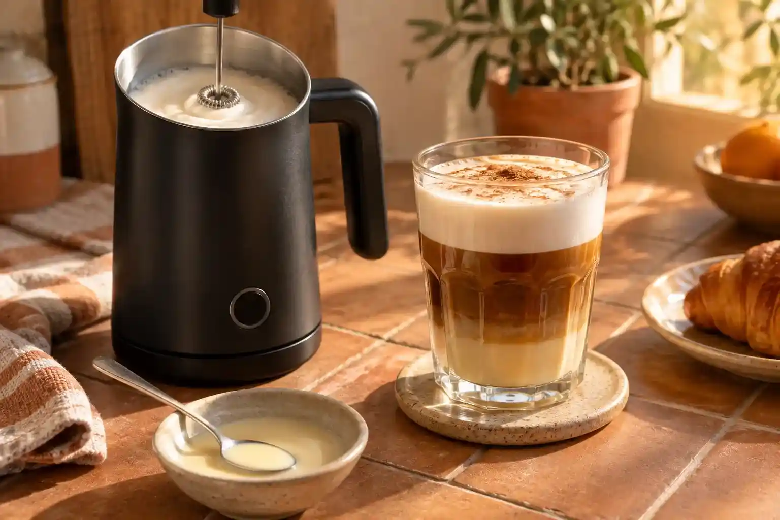 Spanish latte beside a compact milk frother