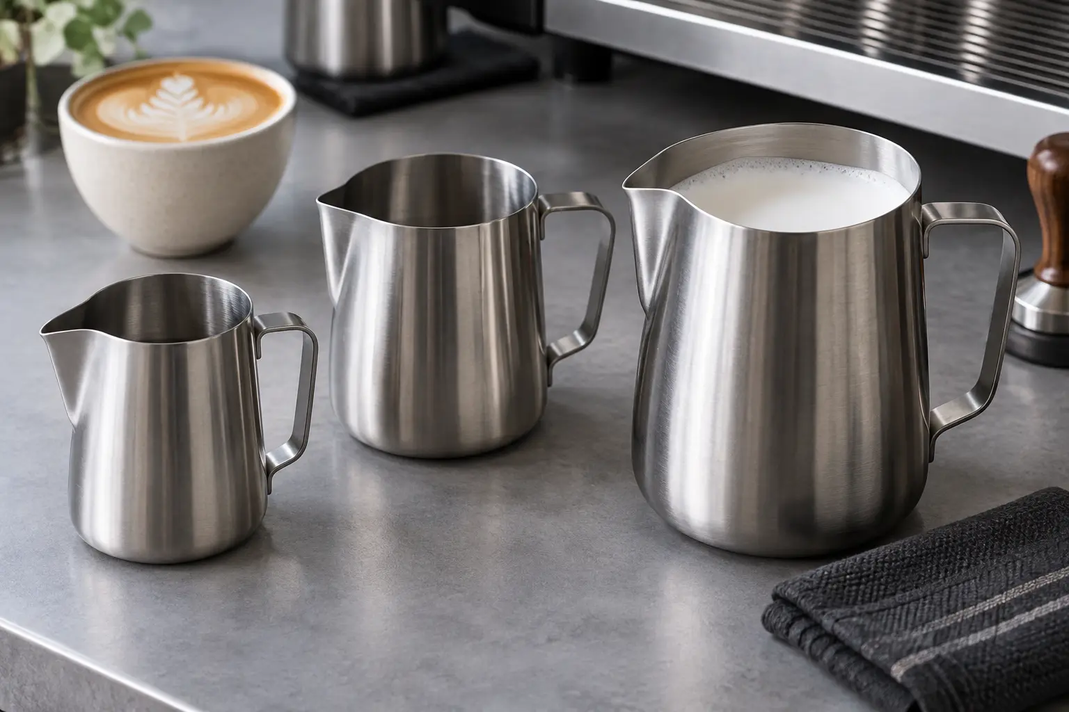 Three stainless milk pitchers for latte art