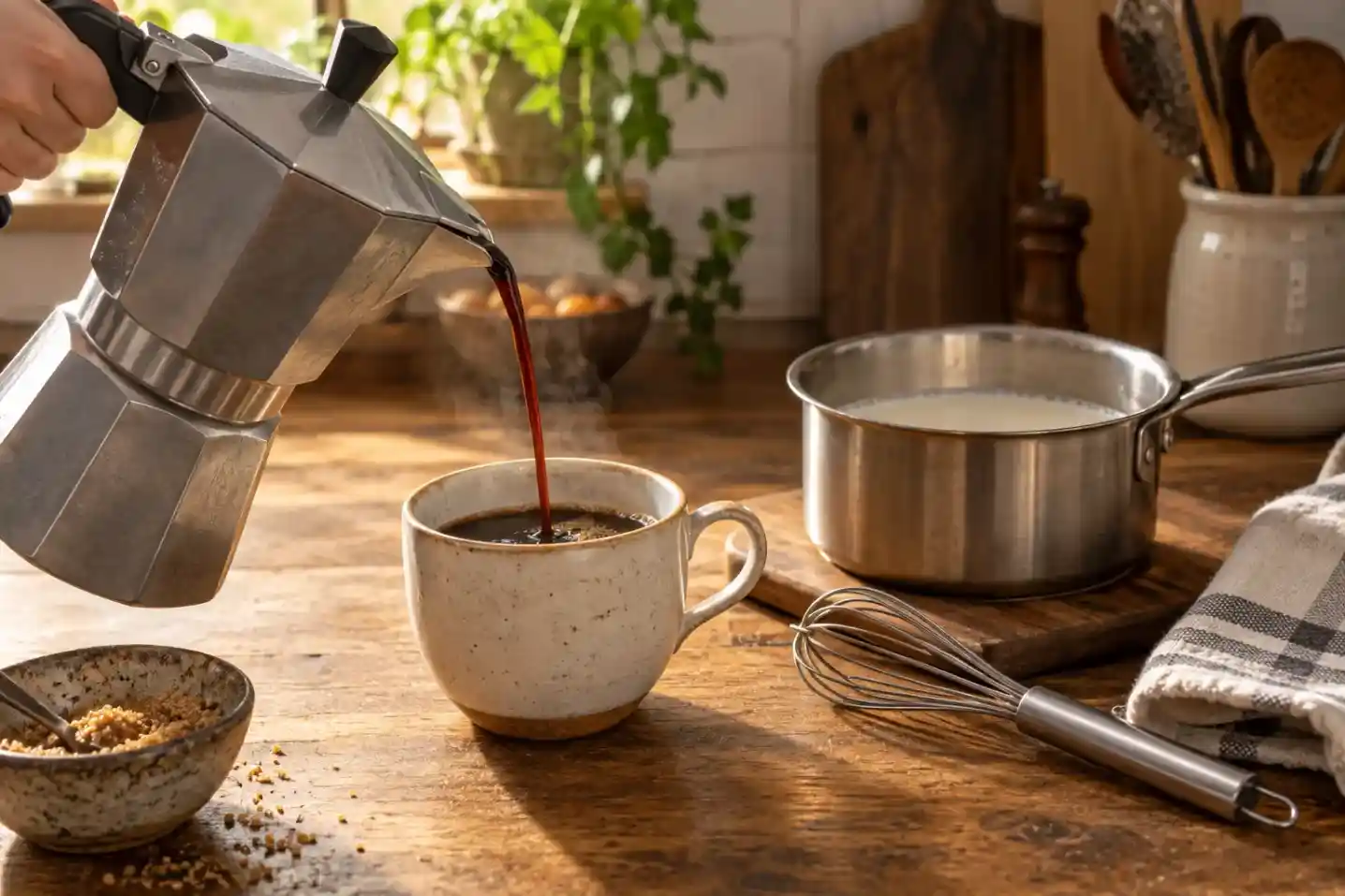 Moka pot coffee and warm milk prepared without an espresso machine