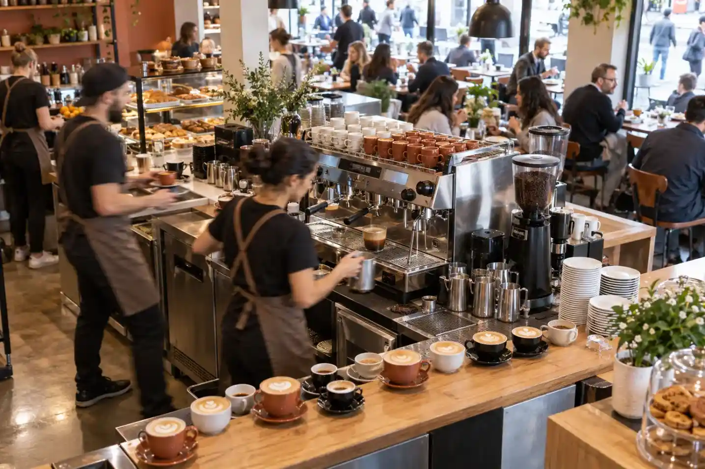 Busy café rush with a sequence of finished drinks across the counter