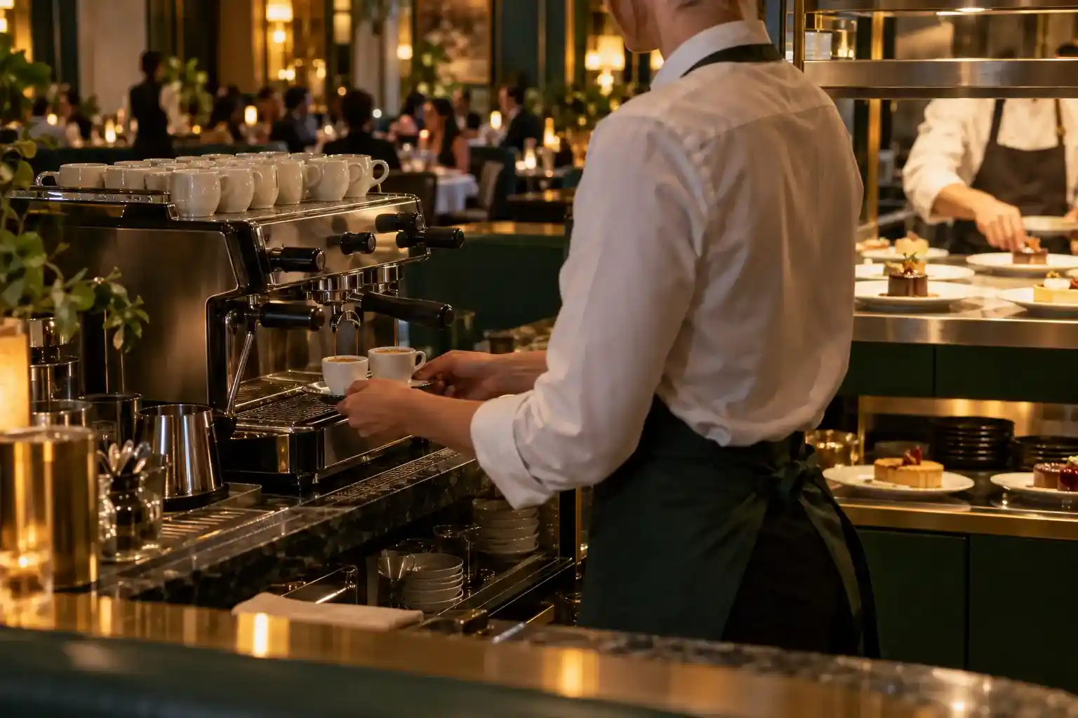 Restaurant coffee machine during evening service