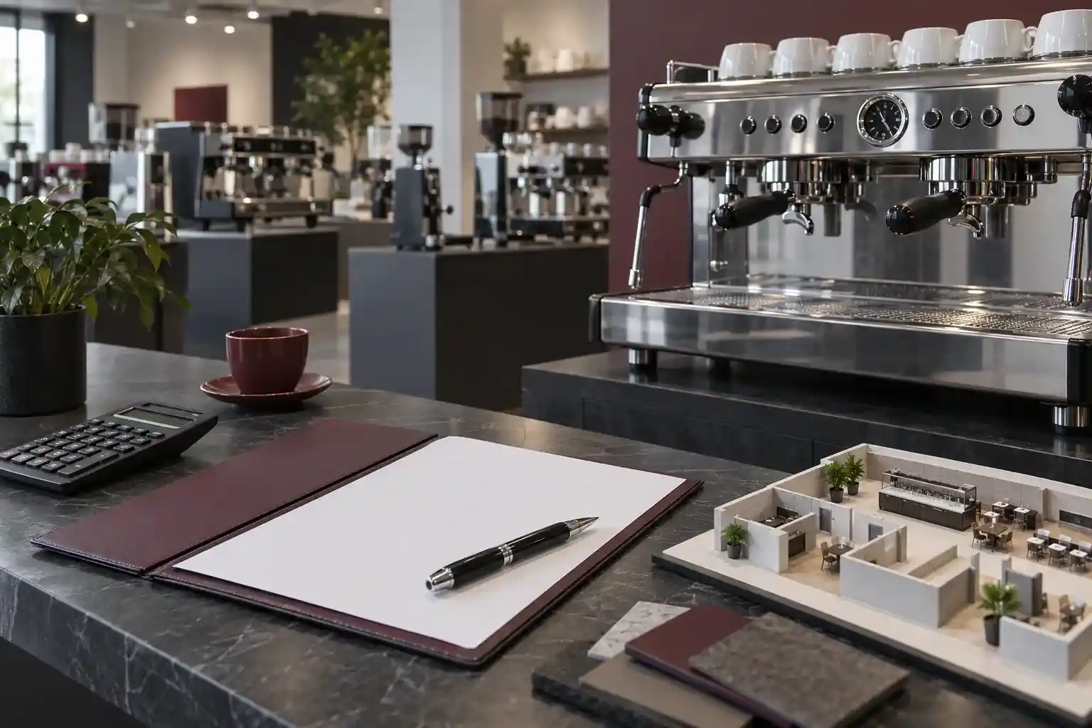 Commercial espresso machine showroom with contract folder and calculator