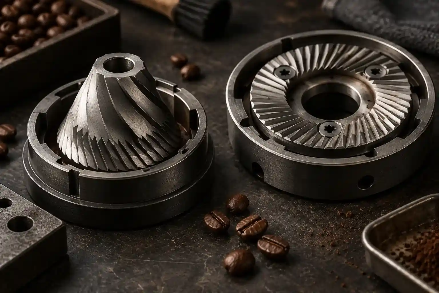 Conical and flat coffee burrs shown side by side