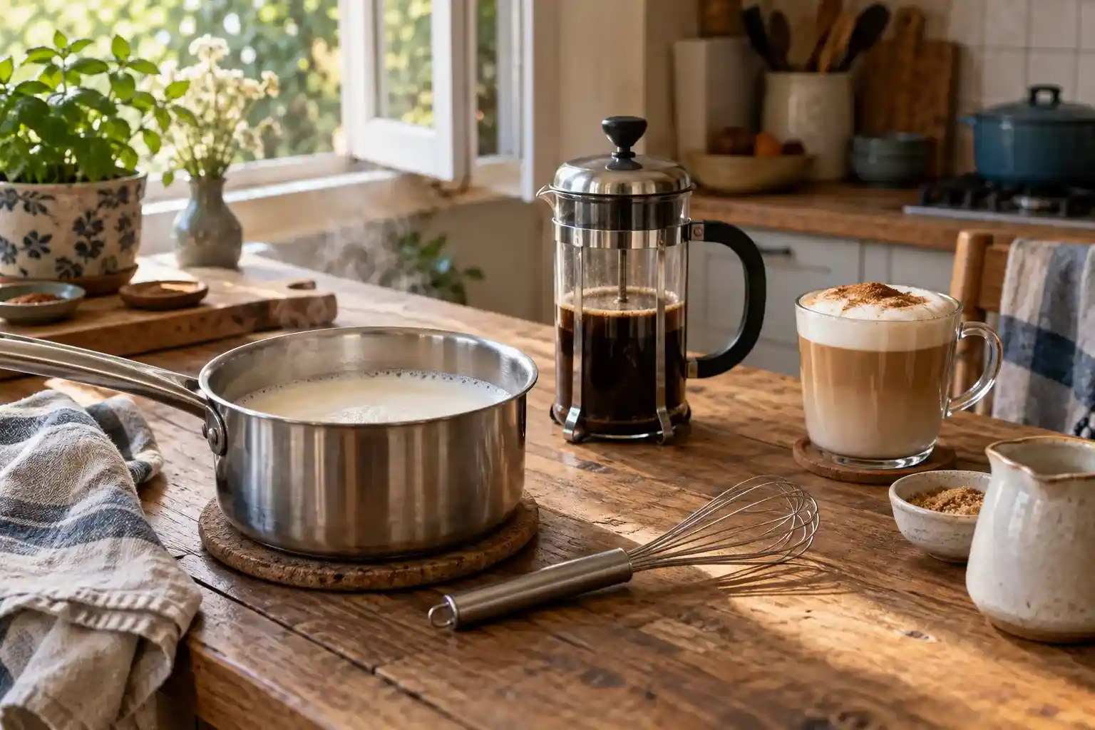 Saucepan and French press used to froth milk