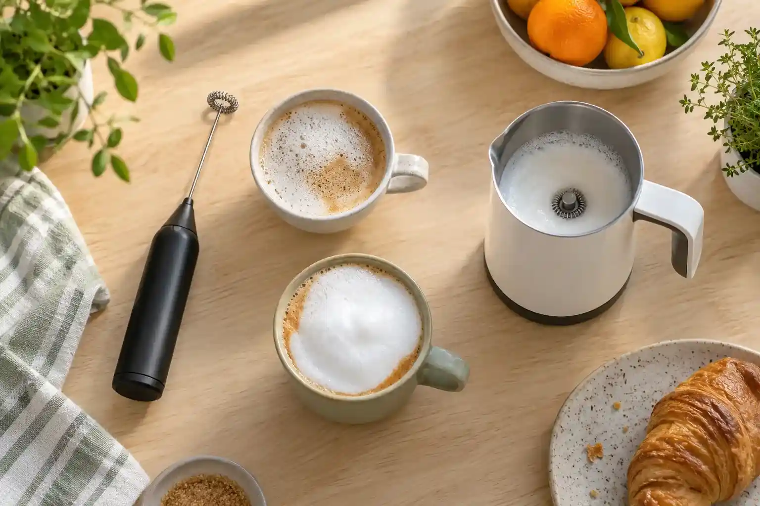 Handheld whisk and electric milk frother on a kitchen table