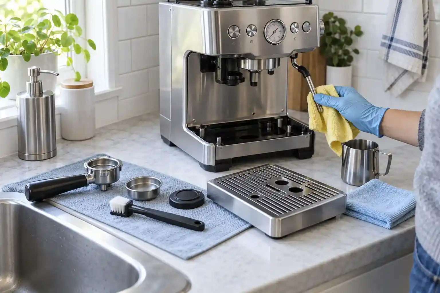 Espresso machine being cleaned beside neatly arranged maintenance tools