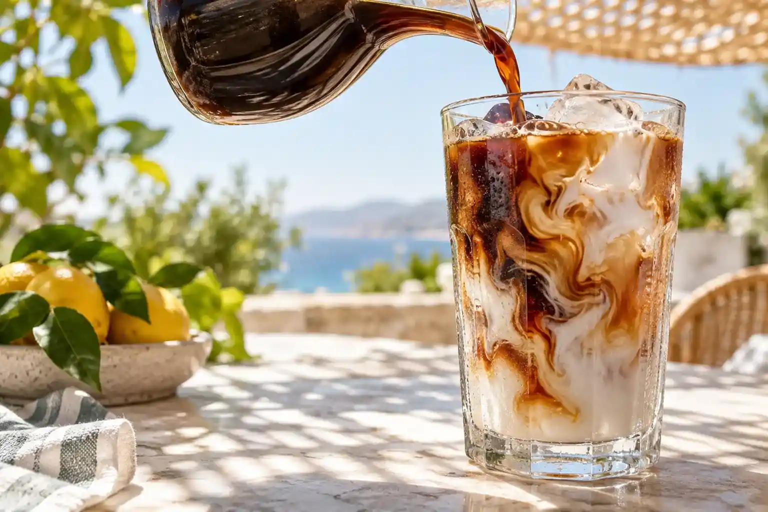 Iced café con leche served over ice
