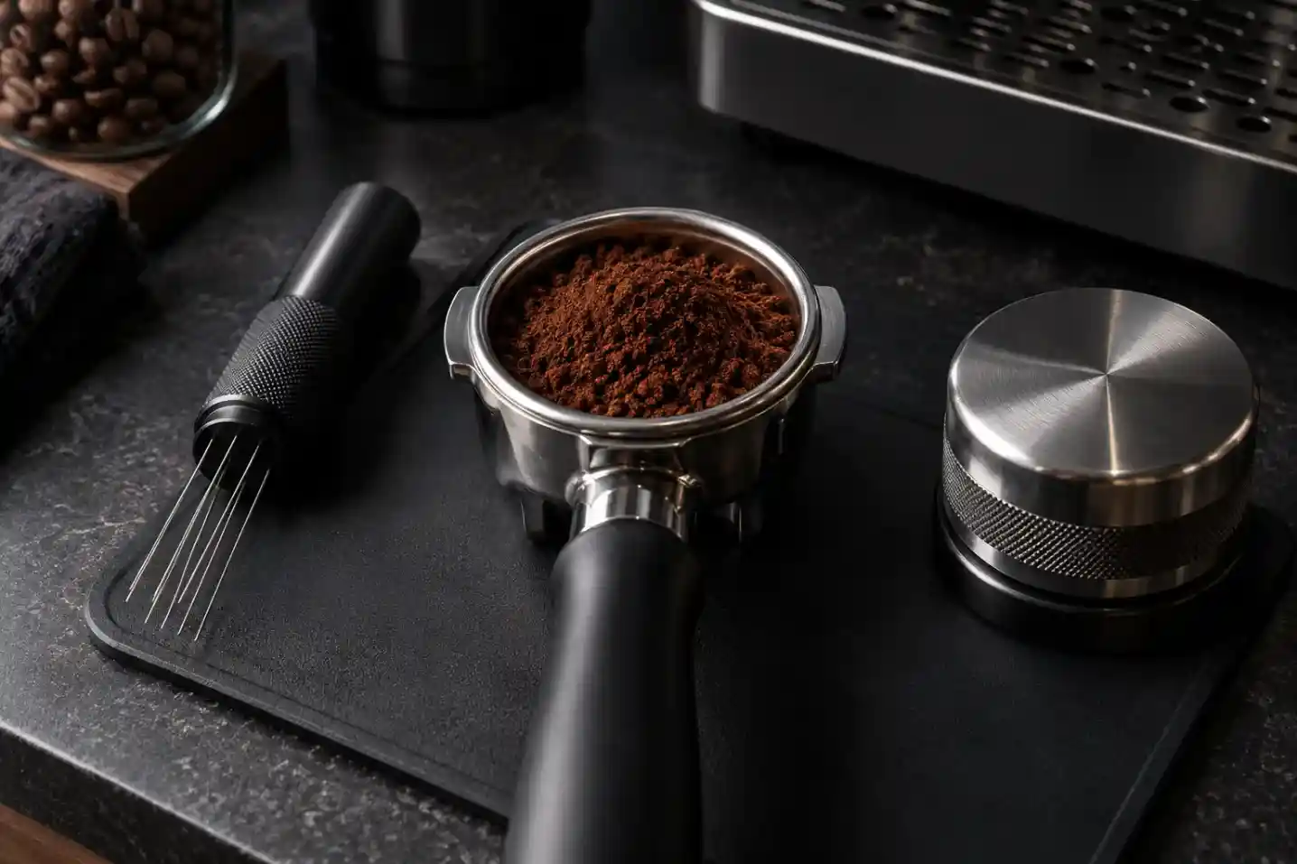 WDT needles, espresso grounds, and a metal distributor beside a portafilter