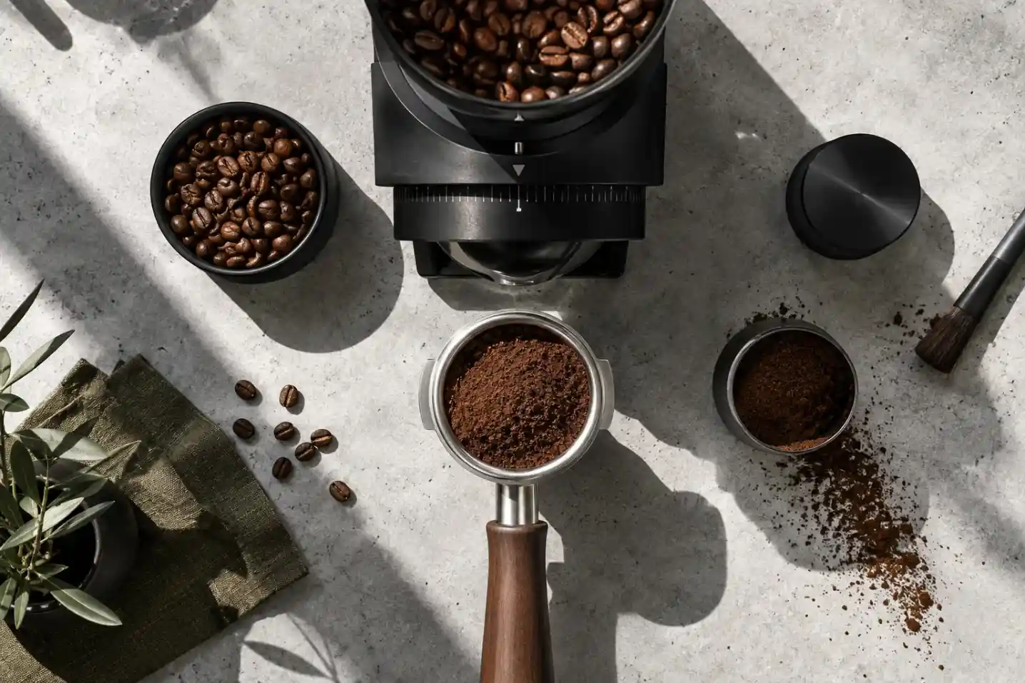 Espresso grinder beside freshly ground coffee