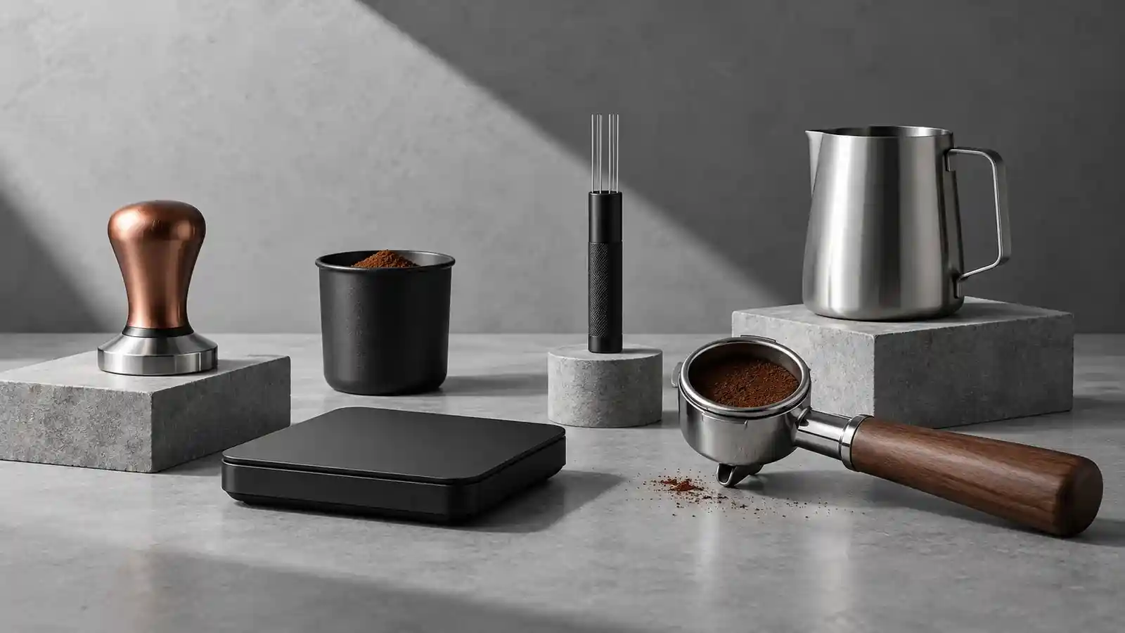 Coffee tools arranged for a consistent home brewing routine