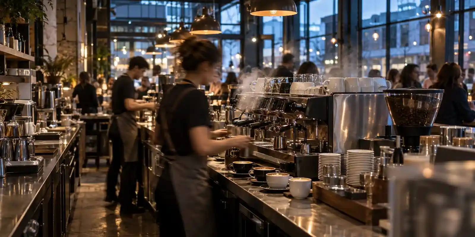 Commercial espresso machine in a working coffee service