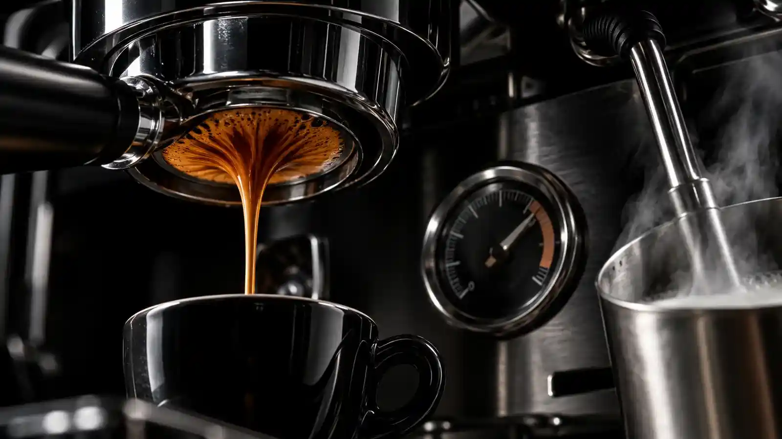 Home espresso machine prepared for a milk drink